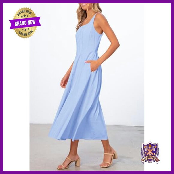 Sleeveless Midi Dress Square Neck Smocked Back A-Line Summer - Picture 3 of 8